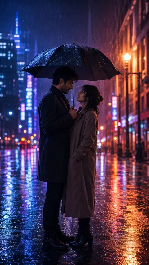 Rainy Neon Umbrella Couple