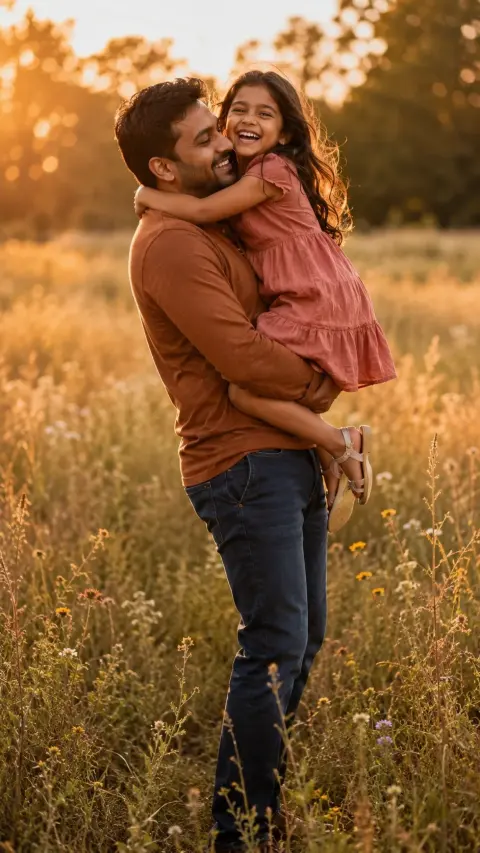 Sunset Field Father and Daughter