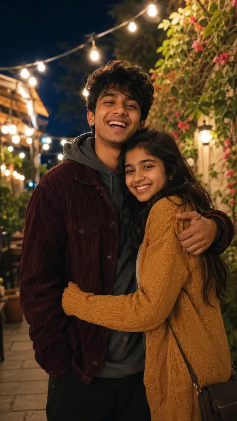 String Lights Sibling Hug