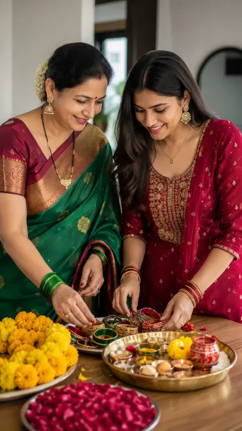 Mother and Daughter Prepare for Teej