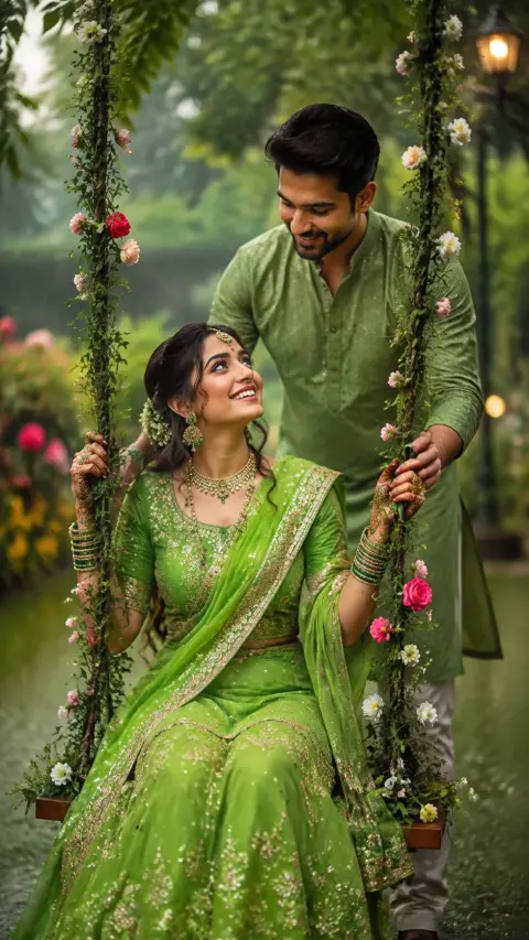Monsoon Teej Couple on a Floral Swing