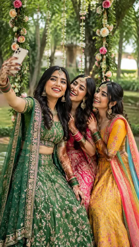 Teej Friends by a Floral Swing