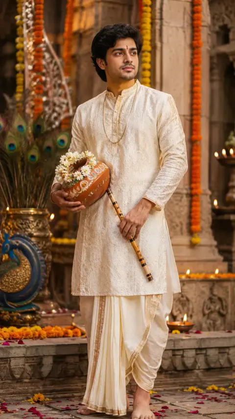 Janmashtami Man With Matki And Flute