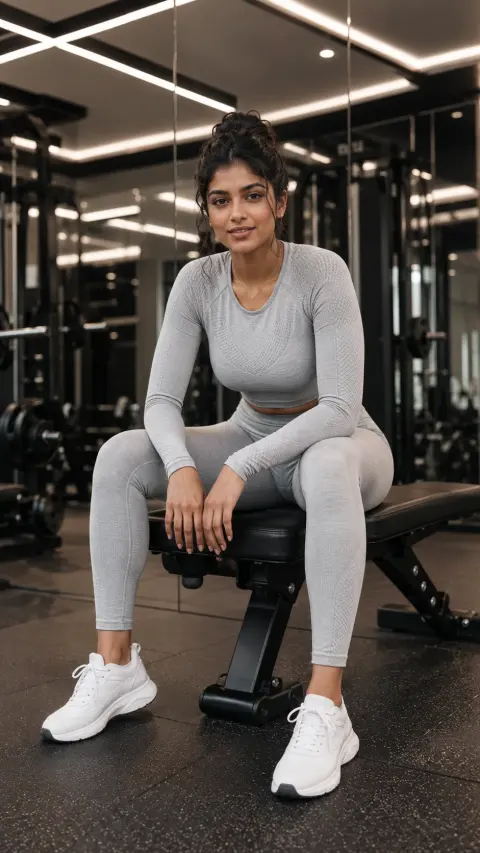 Grey Bench Pose Gym Editorial