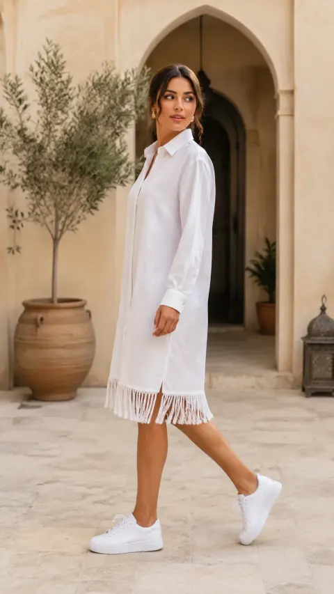 White Fringe Plaza Vacation Look